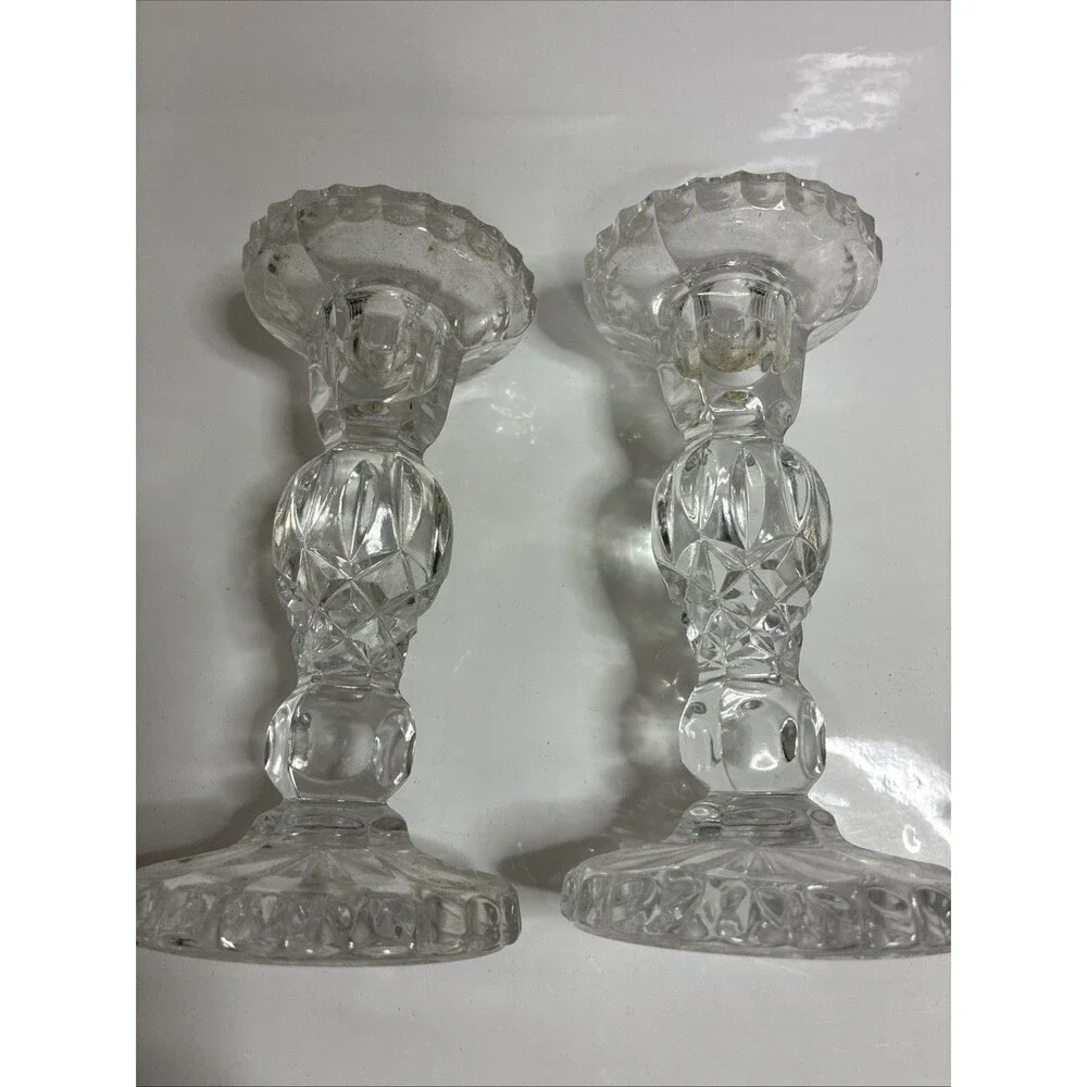 PAIR Vintage Clear Glass Candle Stick Holders 7.5